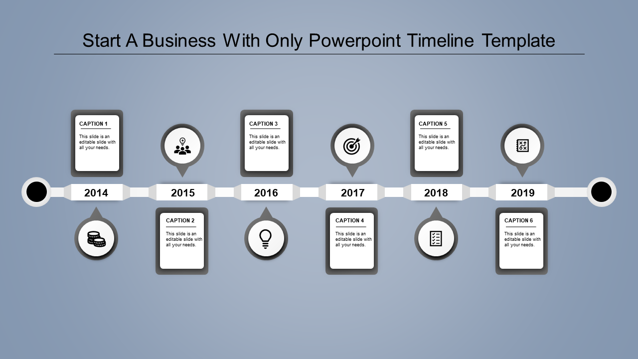 Timeline with a linear design, featuring six grayscale icons, and text boxes marking key milestones from 2014 to 2019.