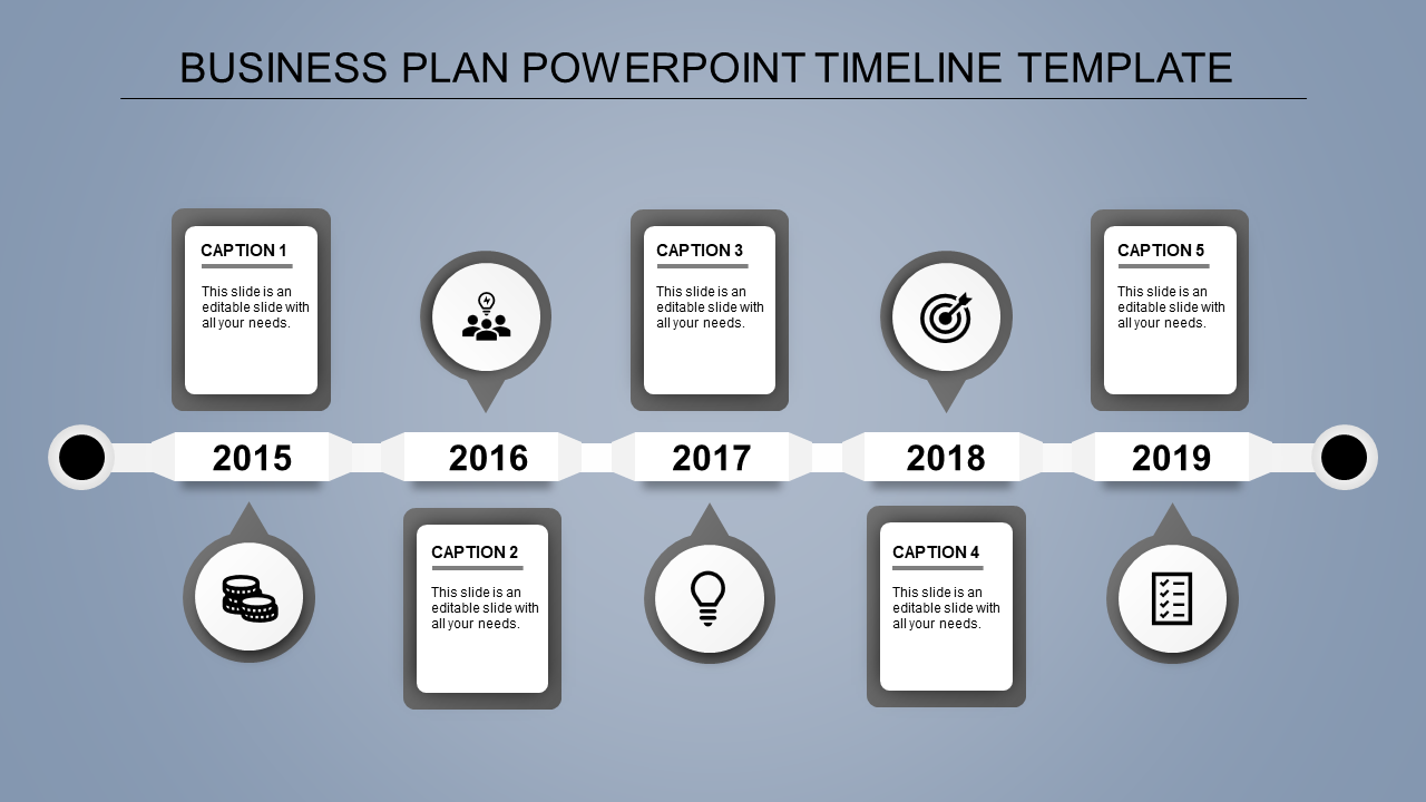 Horizontal timeline with blue circles and icons connected to captions for years 2015 to 2019 on a gray background.