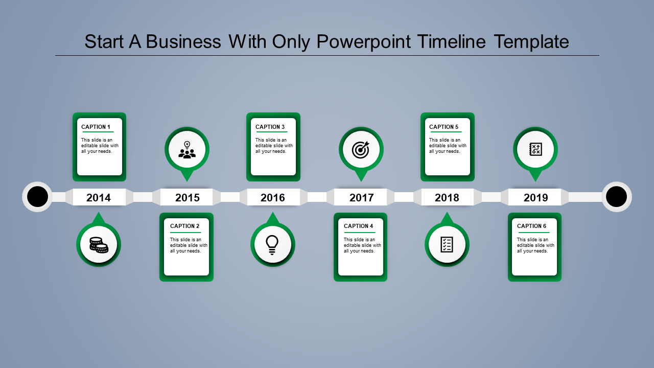 Multicolored timeline with numbered circles and rectangular captions showing years from 2020 to 2025 in alternating layout.