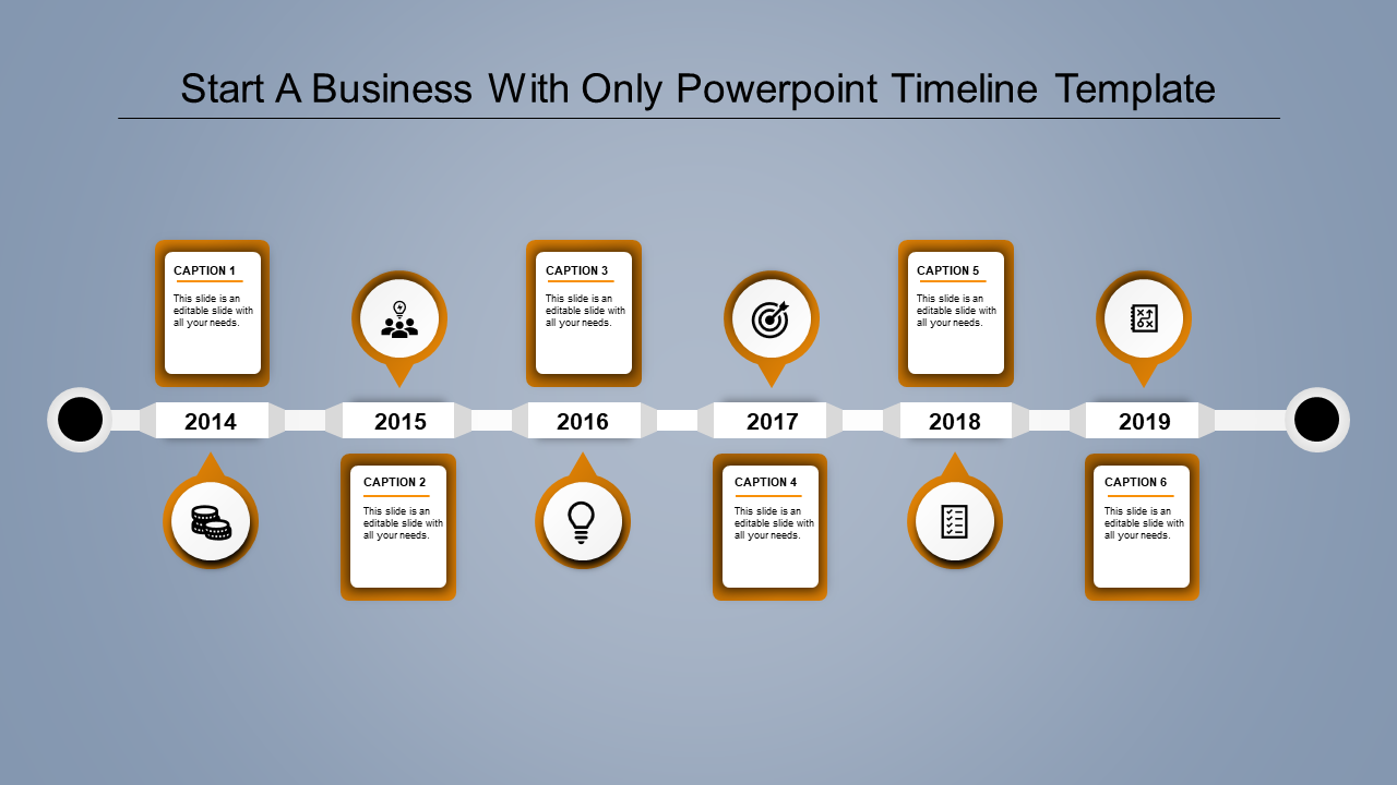 Timeline PPT template for business planning from 2014 to 2019 with orange color caption boxes and icons.