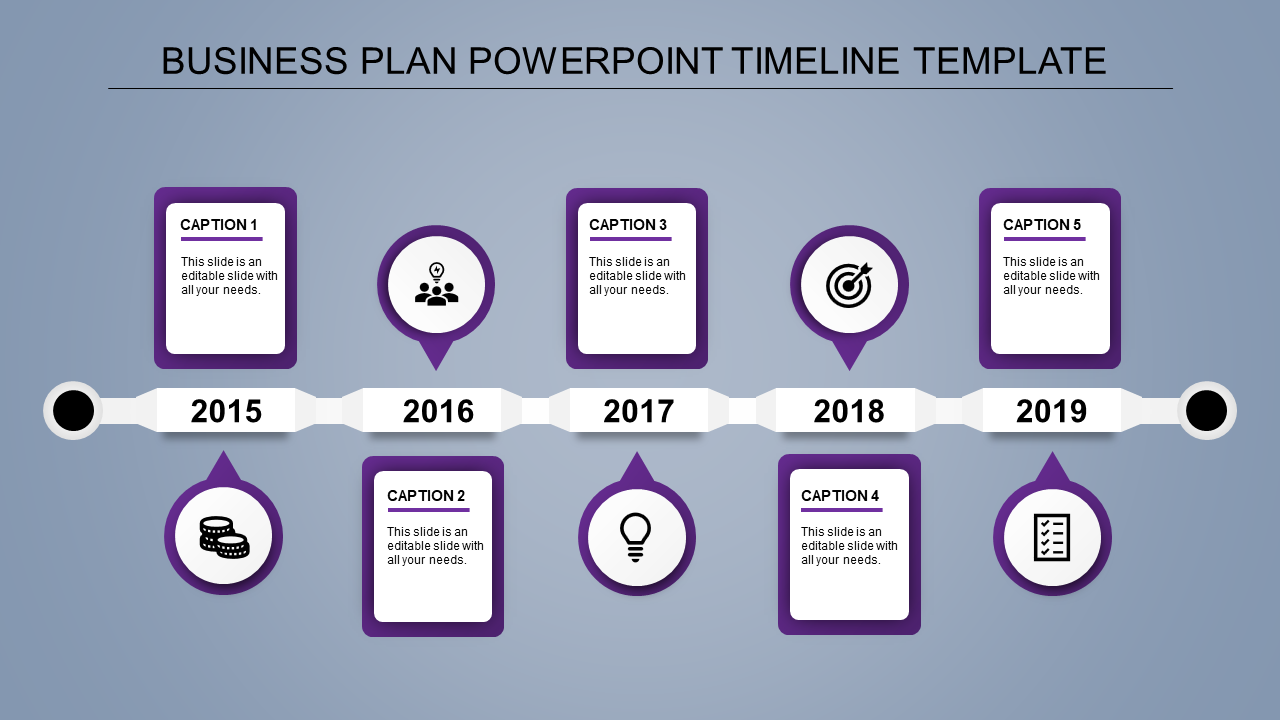 A business plan PowerPoint timeline template with milestones from 2015 to 2019, featuring purple icons and placeholder text.