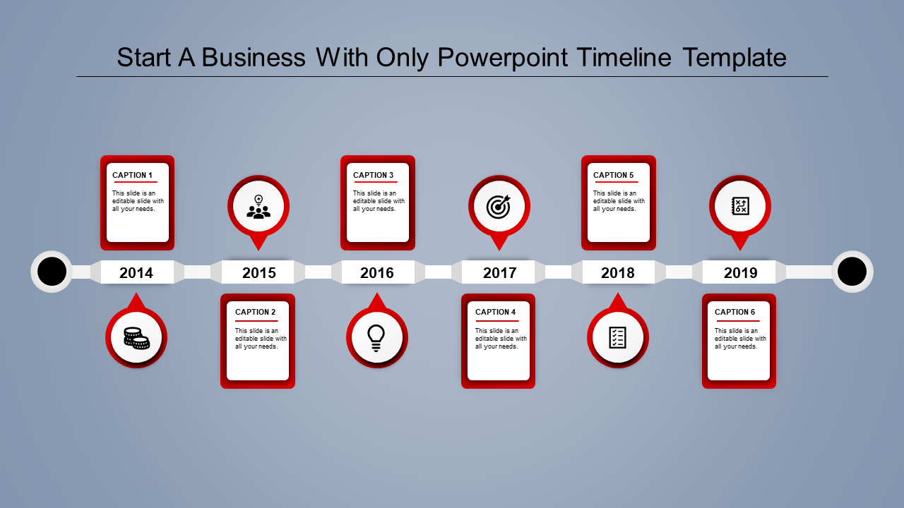 Timeline PPT template showcasing years 2014 to 2019 with red color captions boxes and icons for business milestones.