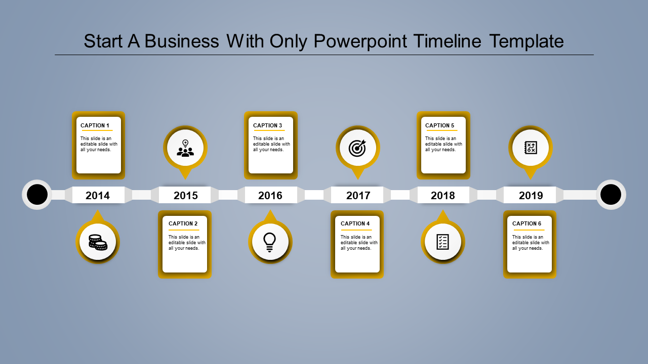 Timeline PPT template showcasing years 2014 to 2019 with yellow color captions boxes and icons for business milestones.