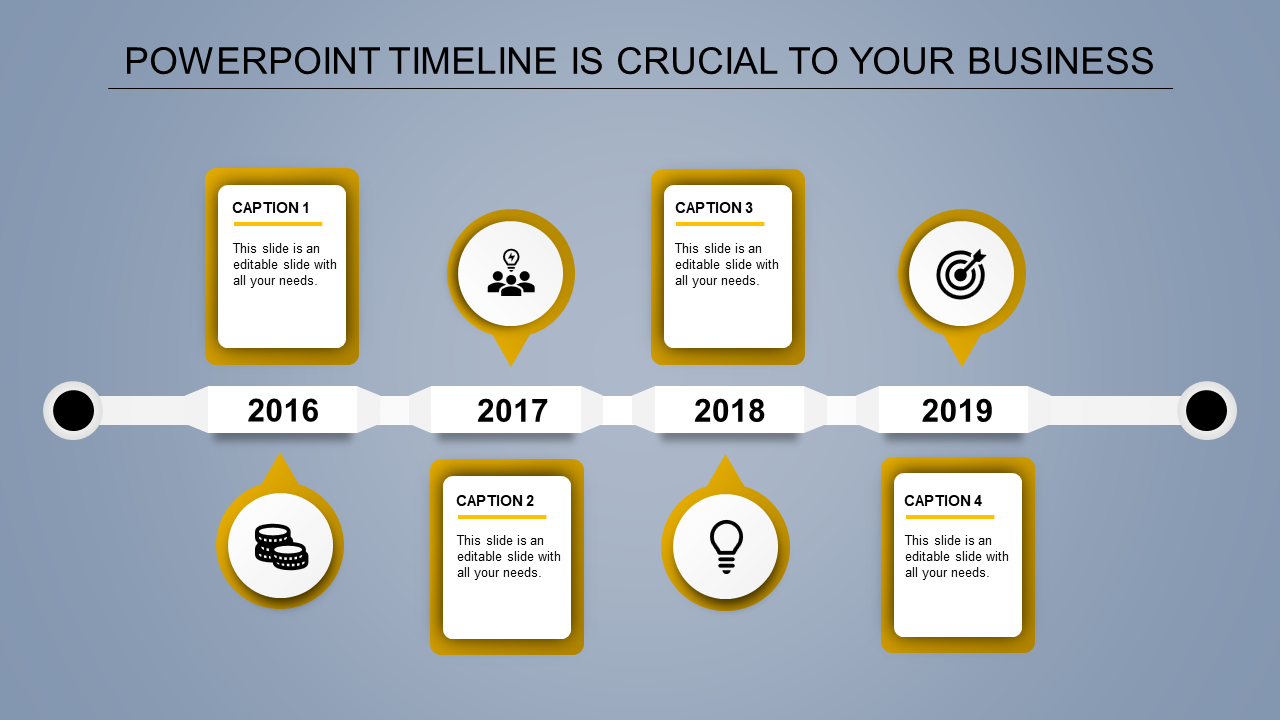 Horizontal timeline with red milestone icons and captions spanning 2016 to 2019 placed in a grey backdrop.