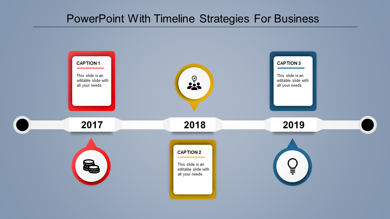 Business timeline from 2017 to 2019 with red, yellow, and blue highlights, featuring caption boxes and milestone icons.