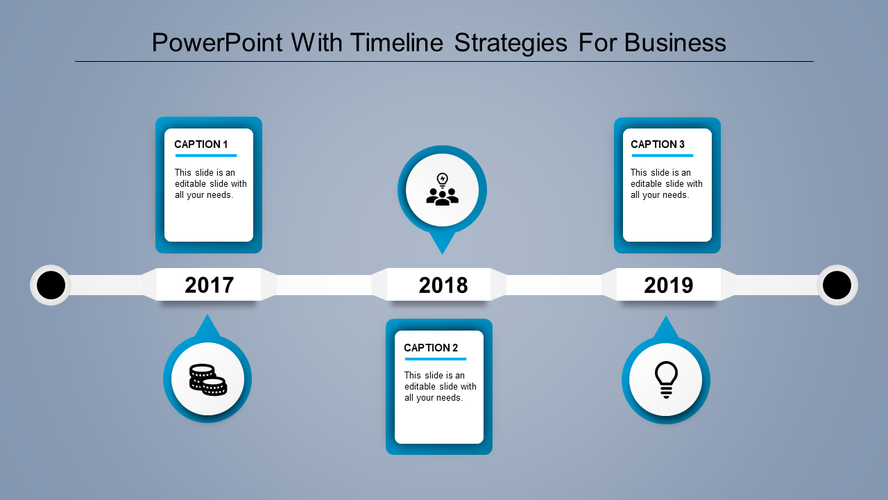 Horizontal timeline with milestones for 2017, 2018, and 2019, featuring blue icons and caption boxes, on a light backdrop.