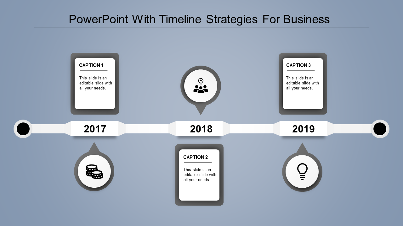 Business timeline infographic from 2017 to 2019 with gray circular icons, and caption boxes on a blue background.