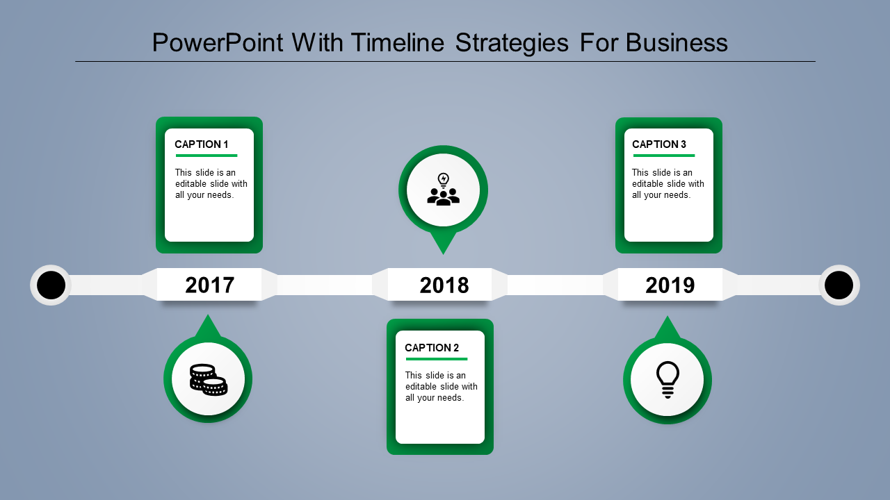 Horizontal timeline from 2016 to 2019 with orange icon circles and caption boxes connected to each year.