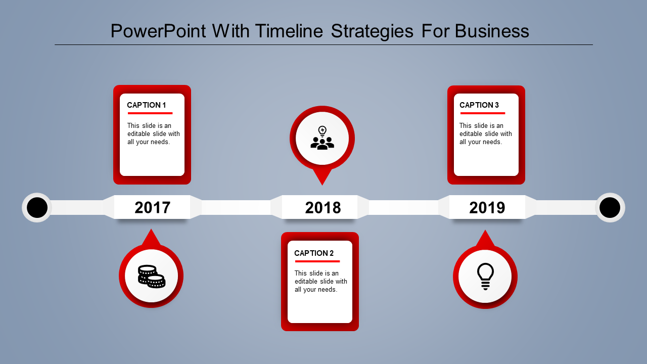 A timeline template featuring key business milestones from 2017 to 2019, with red captions and icons.