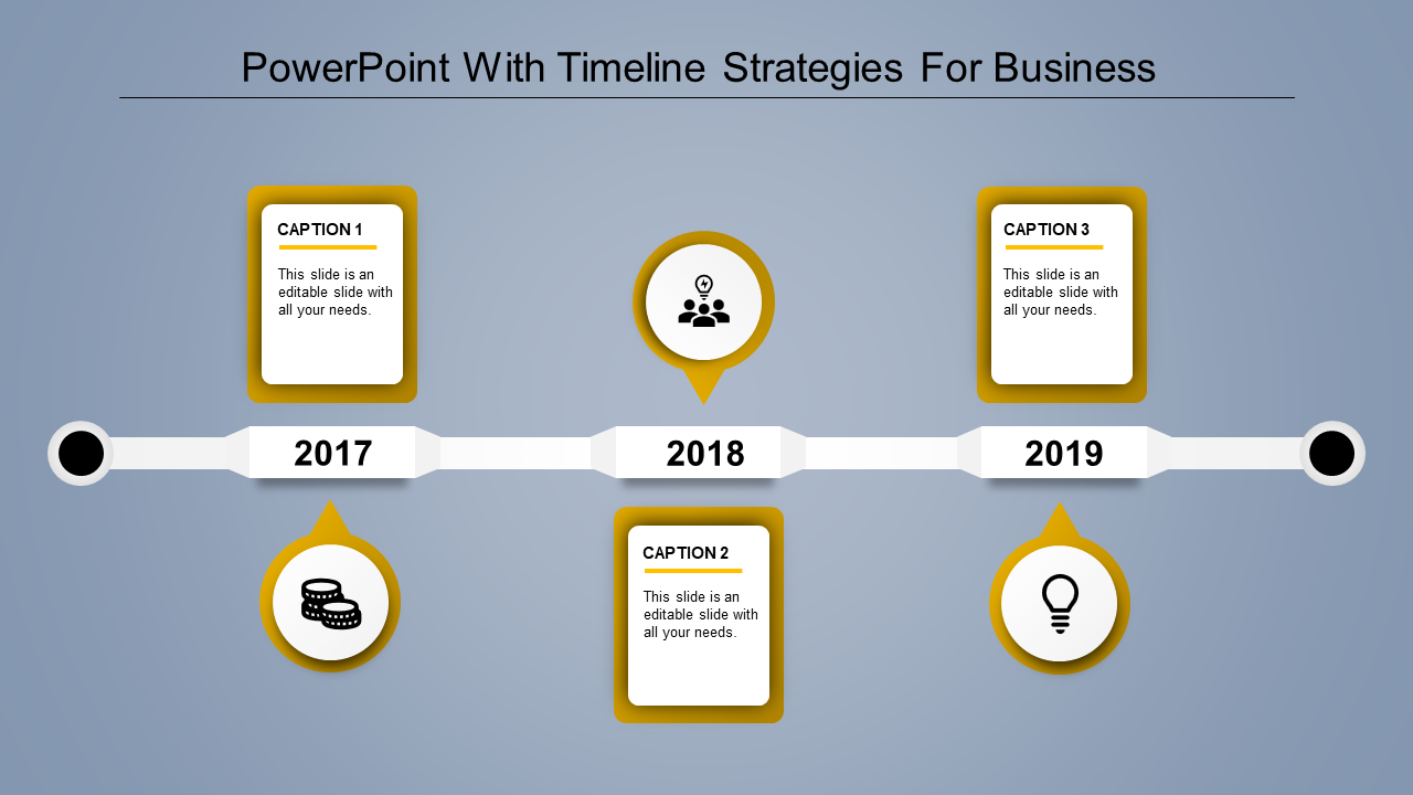 A timeline template featuring key business milestones from 2017 to 2019, with yellow captions and icons.