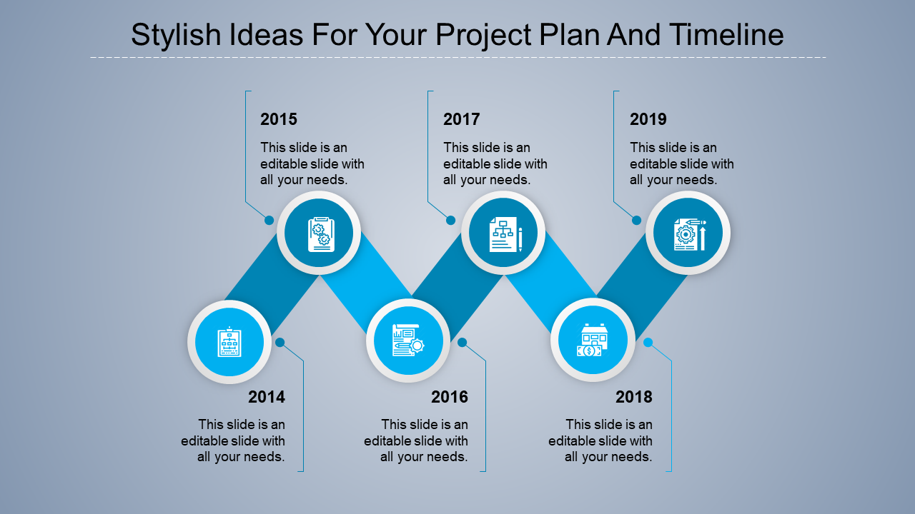 Timeline slide with six blue round icons with diagonal connectors, and milestone years from 2014 to 2019.