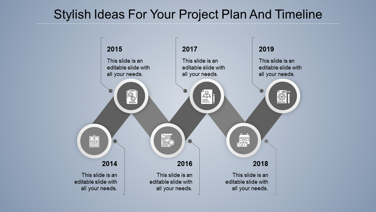 A gray themed timeline for project planning, covering 2014 to 2019, with icons for each milestone with text area.