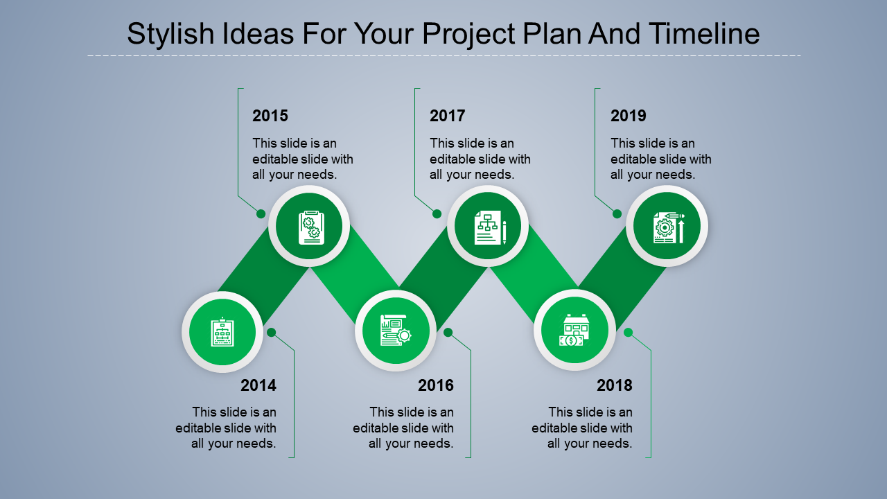A green themed timeline for project planning, covering 2014 to 2019, with icons for each milestone with text area.