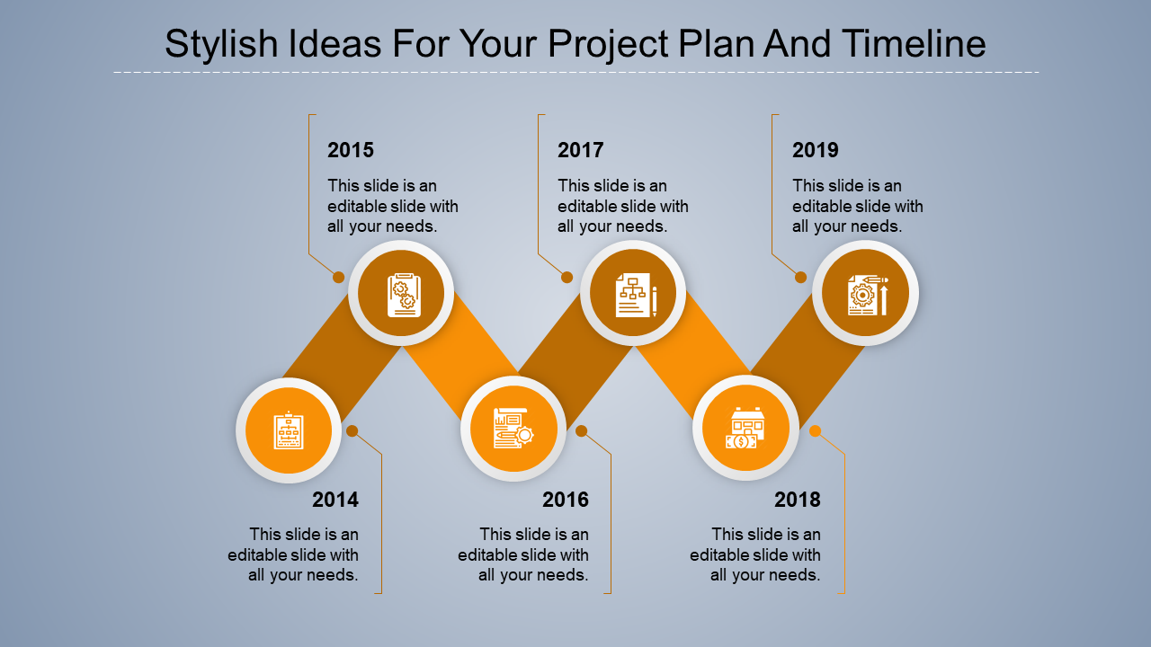 Yellow themed timeline with circular icons and labels for years 2014 to 2019, arranged in a zigzag pattern.
