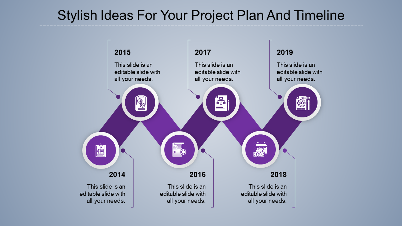 Project timeline with a purple path, featuring six circular icons and labeled years in a zigzag format.