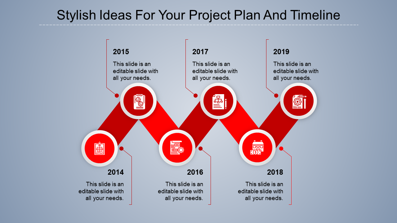 Project timeline with red diagonal sections, featuring milestone years and six circular icons.