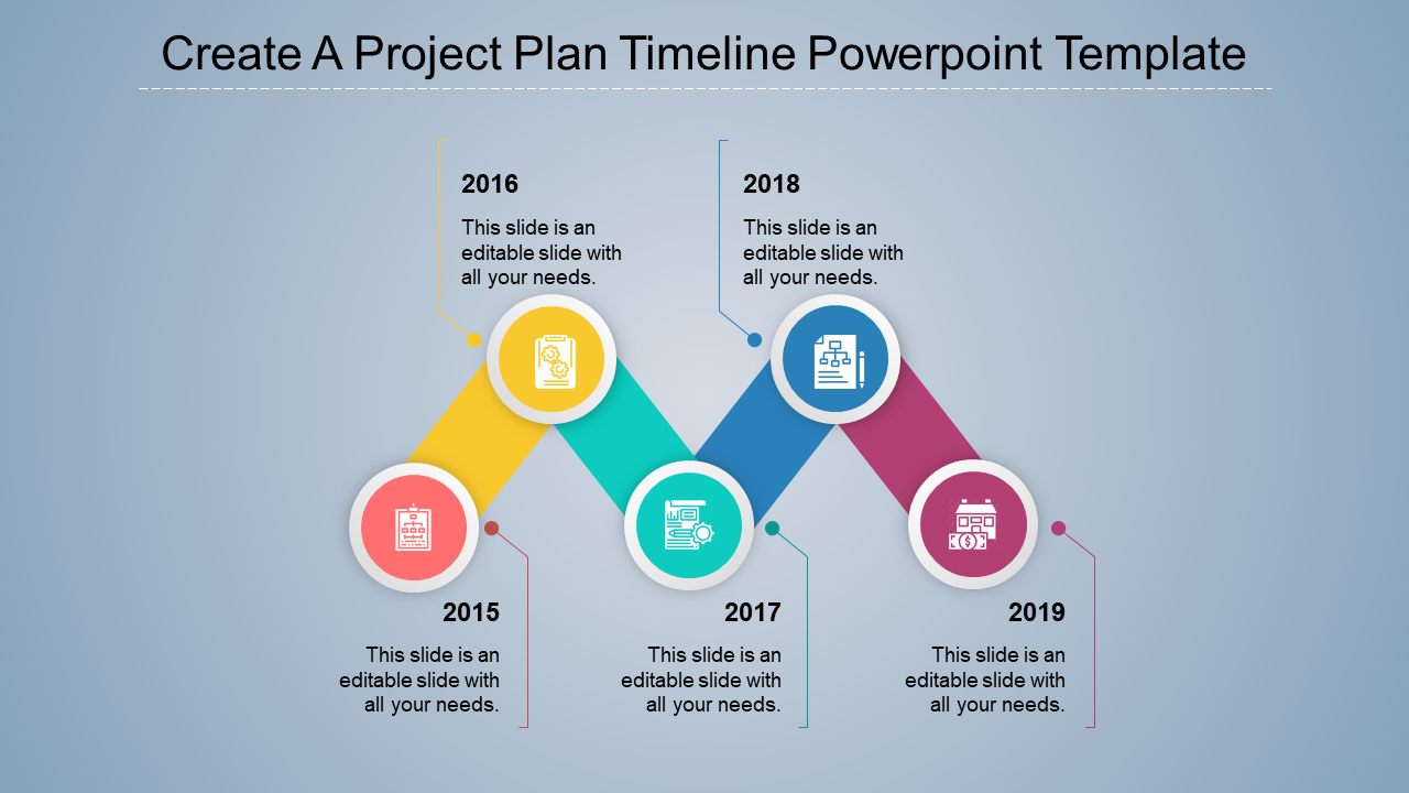 A project timeline slide showcasing the years 2015 to 2019, with each year represented by a different color and icons.