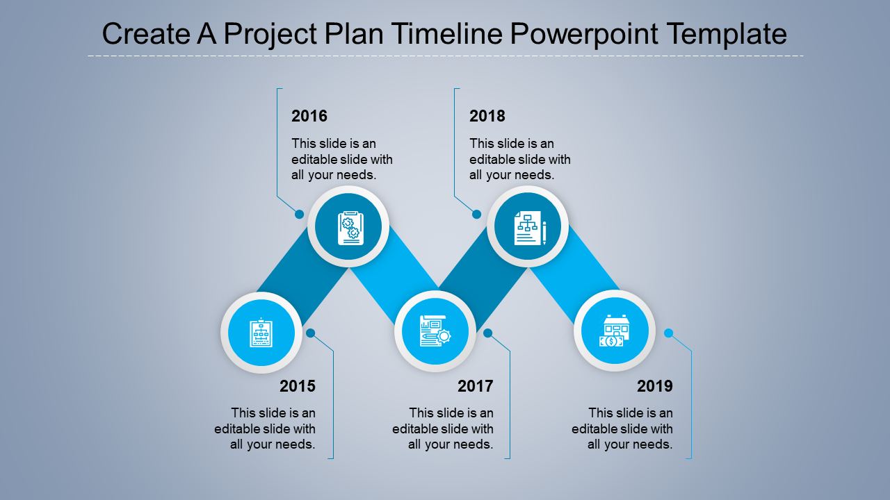 A project timeline slide showcasing the years 2015 to 2019, with each year represented by a blue color and icons.