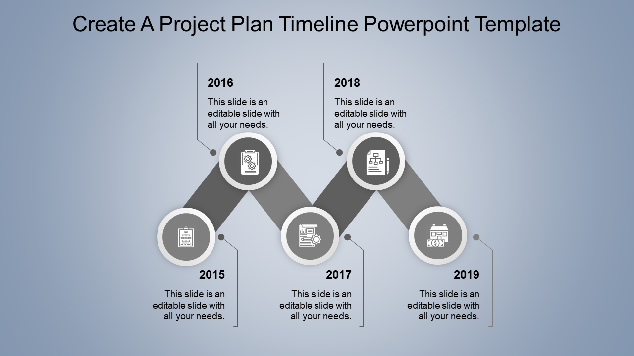 Gray themed project plan timeline with five connected circular icons, years, and text descriptions, in a zigzag layout.