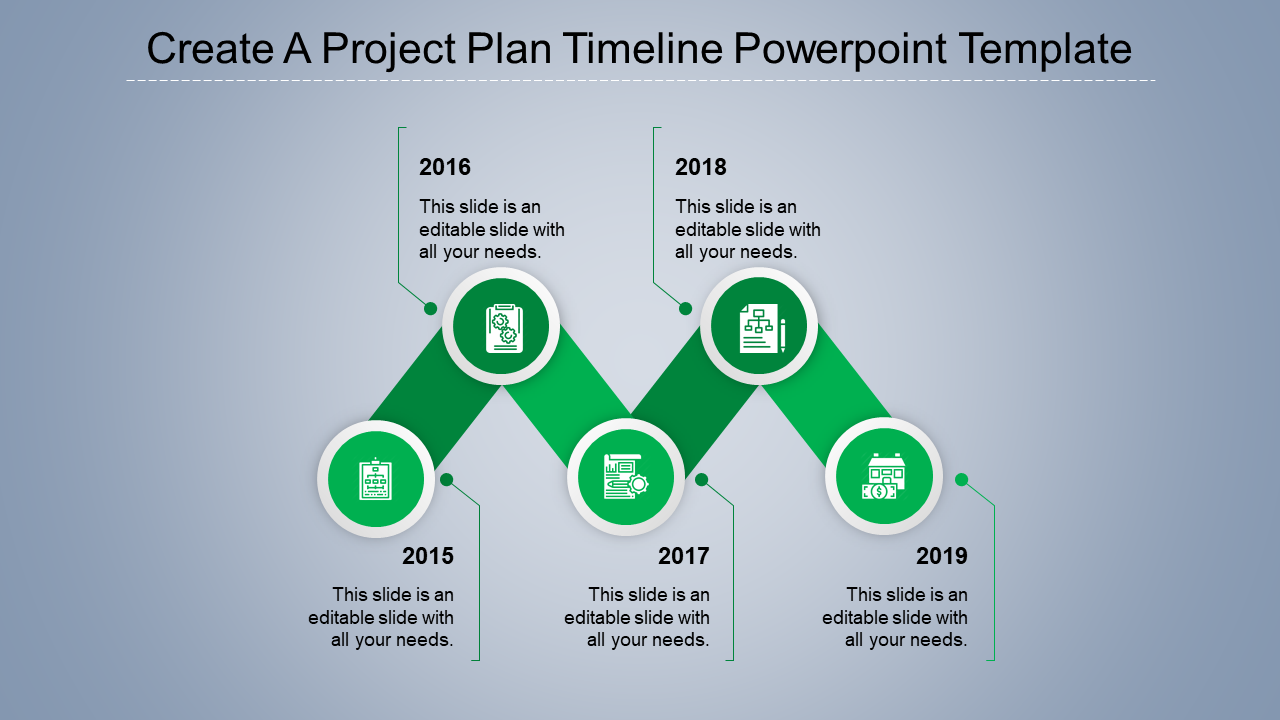 Business timeline with green diagonal sections, featuring milestone years, and five circular icons.