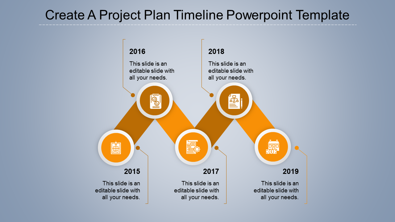 A project timeline slide showcasing the years 2015 to 2019, with each year represented by an orange color and icons.