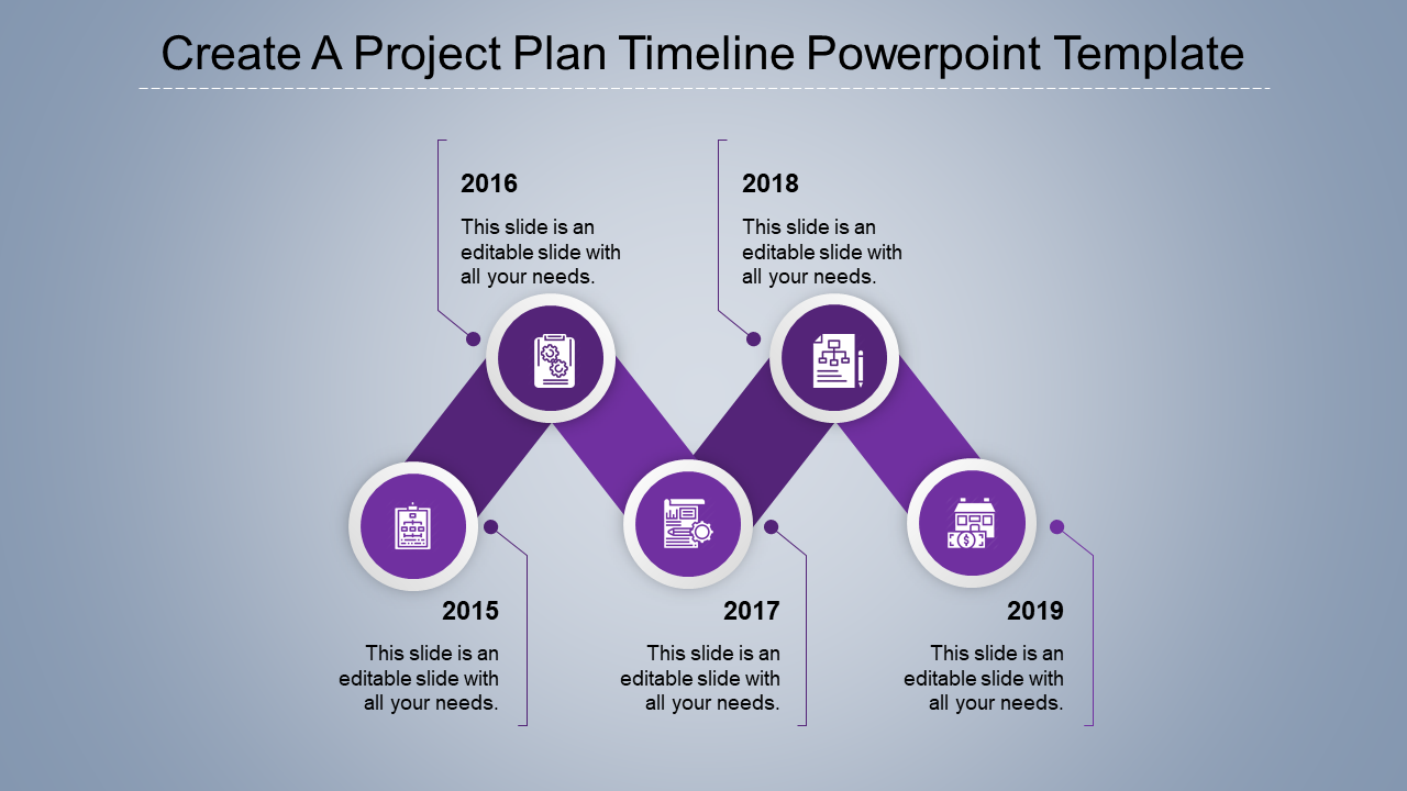 Stylish project timeline featuring red steps from 2015 to 2019, with white icons and connectors on a gradient background.