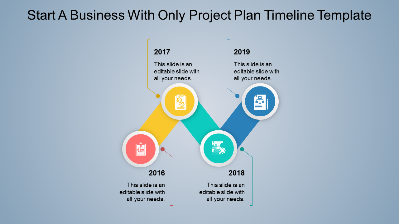 Timeline with four circular icons in orange, yellow, green, and blue, with diagonal connectors, and years from 2016 to 2019.