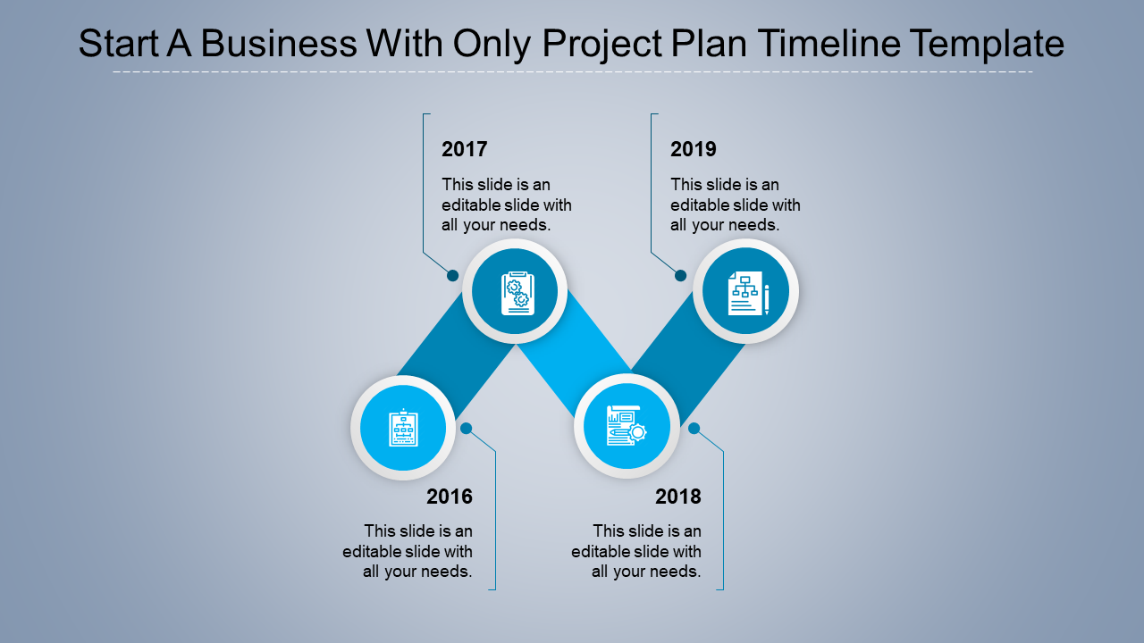 Structured blue timeline with four round icons, diagonal connectors, and milestone years from 2016 to 2019.