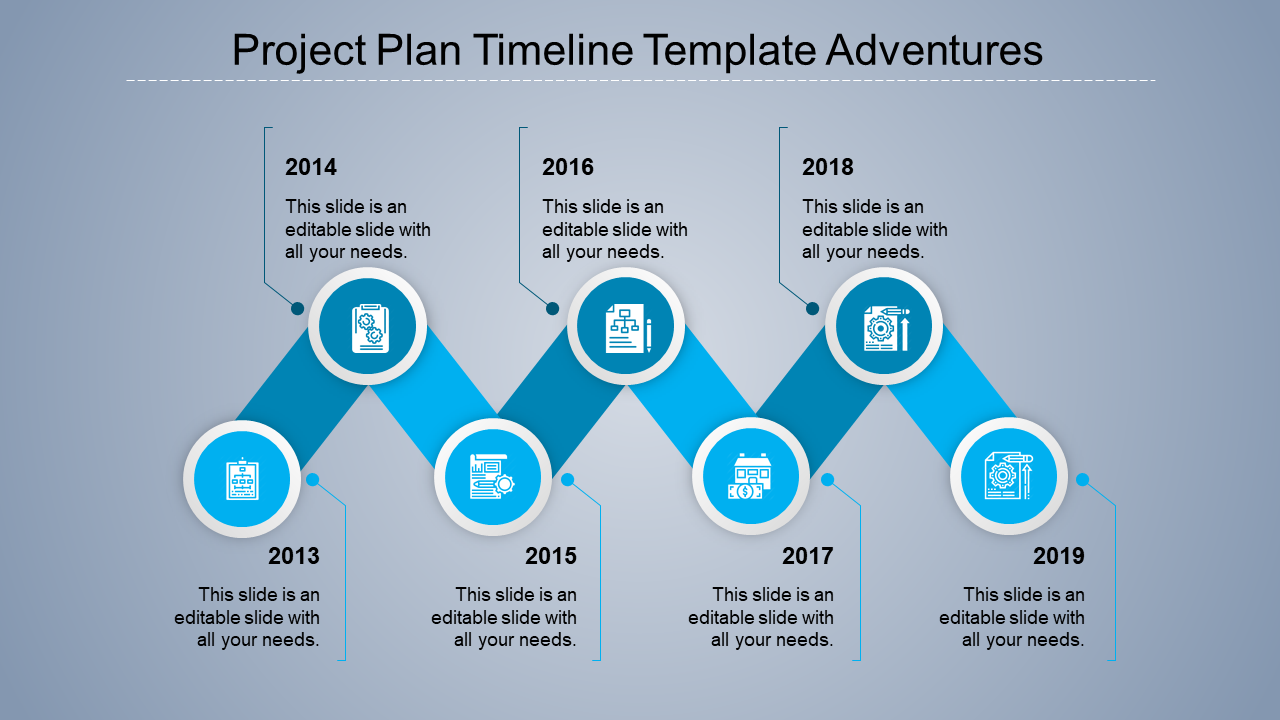 Year based timeline with blue circular icons for 2017 to 2020, representing business, settings, target, and growth.
