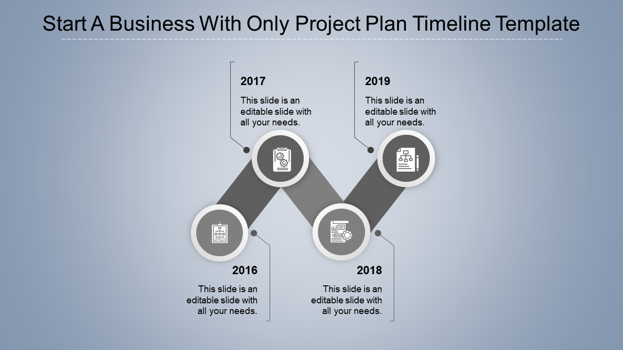Gray zigzag timeline with four circular icons, featuring milestone years and text areas, on a blue gradient background.