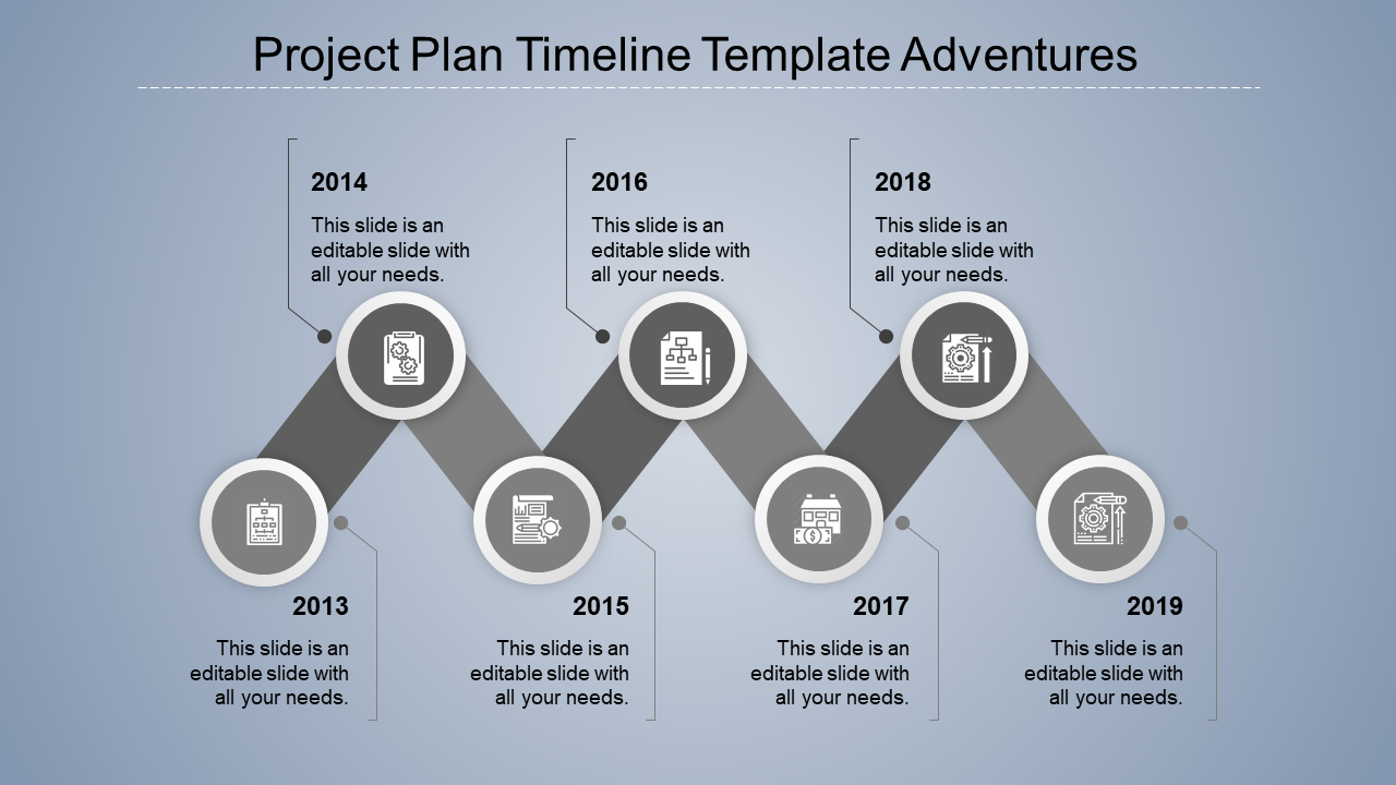 Blue zigzag timeline featuring circular nodes with icons from 2013 to 2019, representing project stages.