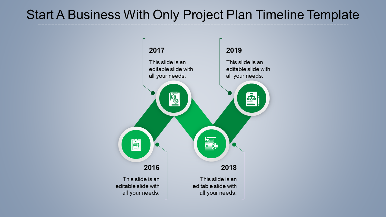 Diagonal timeline with yellow circular nodes linked by colored lines, illustrating milestones from 2015 to 2019.
