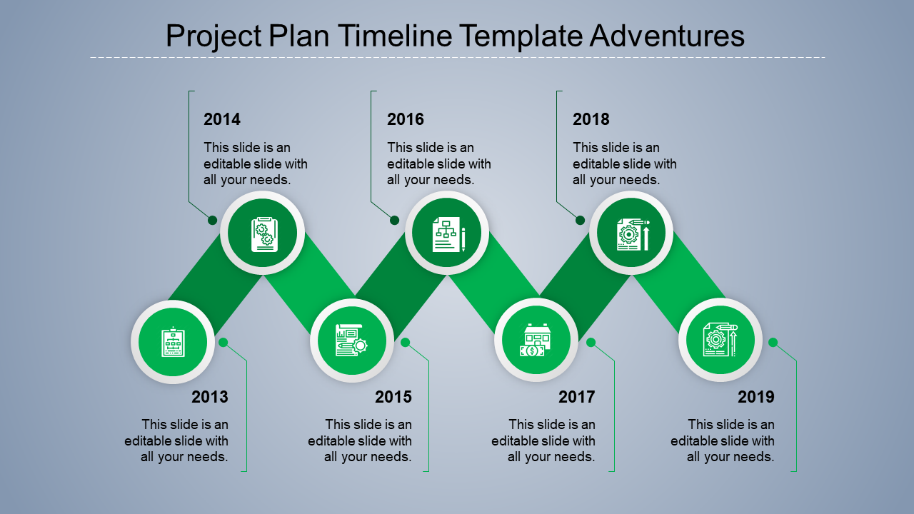 A colorful timeline slide for project plans, showing the years 2013 to 2019, each with green icons and labels for each stage.