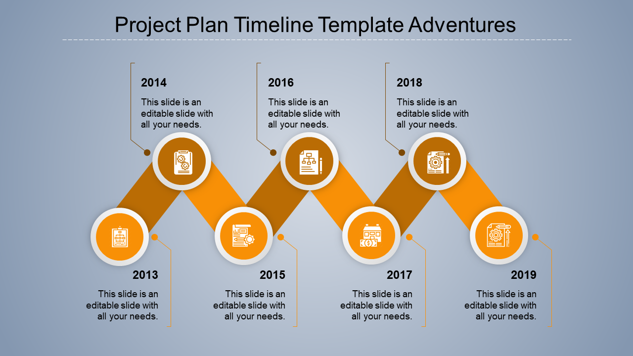Project timeline slide with an orange zigzag path, featuring circular icons, and black text on a gradient blue background.