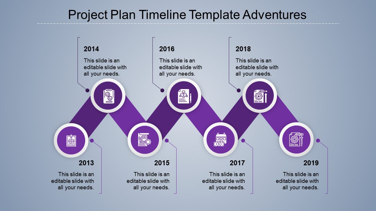 A colorful timeline slide for project plans, showing the years 2013 to 2019, each with purple icons and labels for each stage.