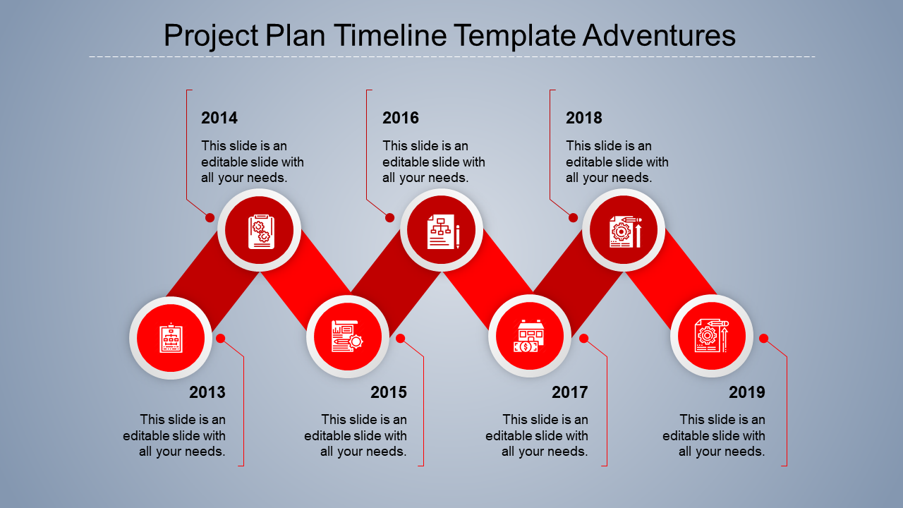 Red themed timeline with alternating circular icons and connectors, on a blue gradient background for project planning.