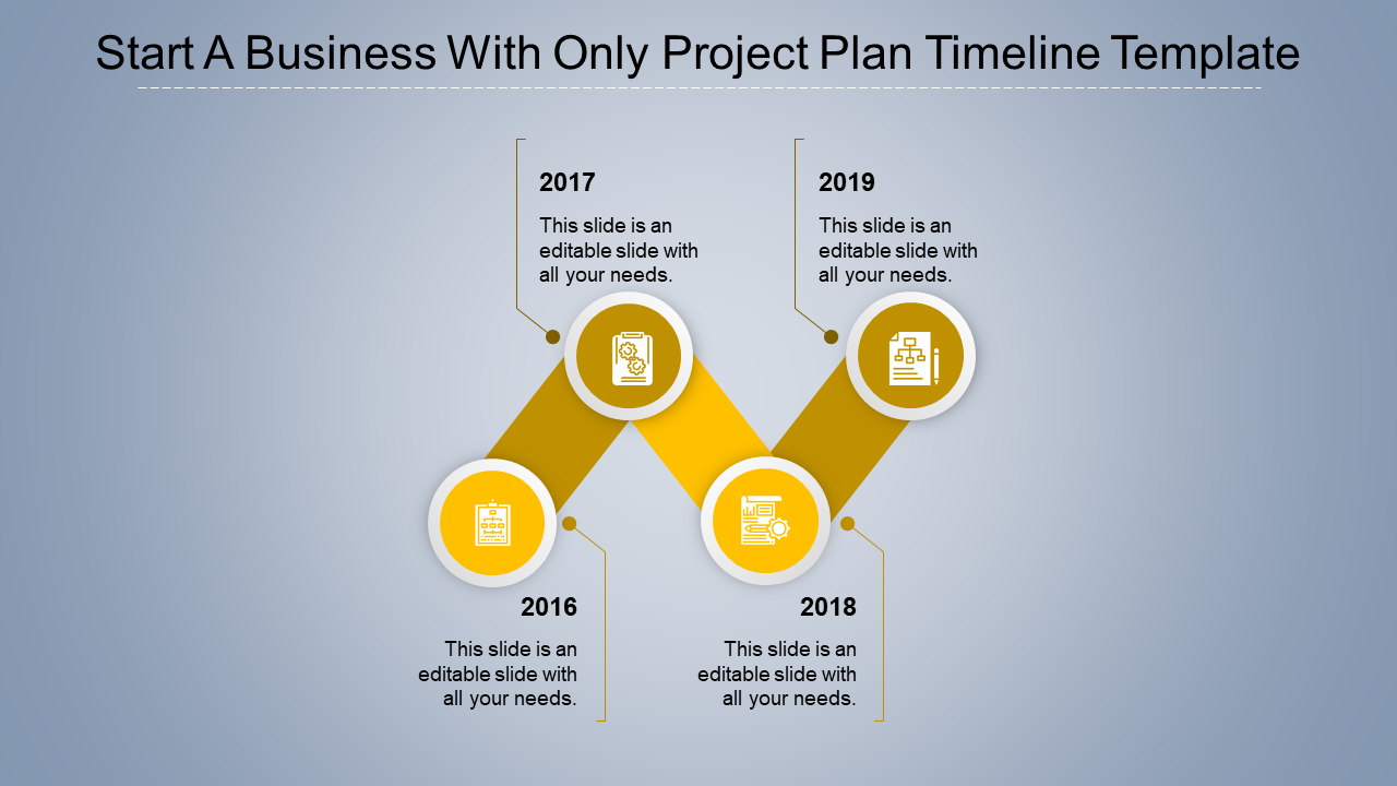 A yellow themed project plan timeline slide showing milestones from 2016 to 2019, with icons and different stages.