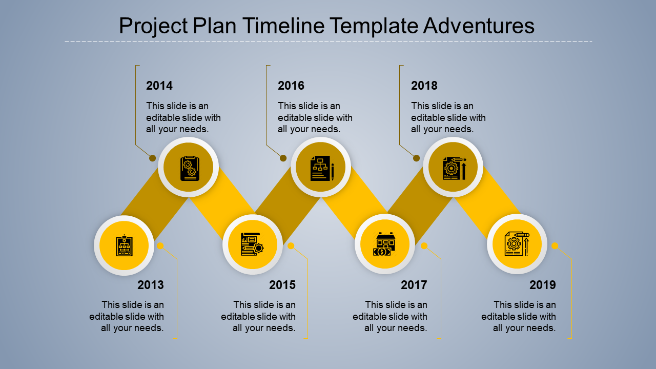 Timeline template with key milestones from 2013 to 2019, featuring seven yellow circular graphics and a structured layout.
