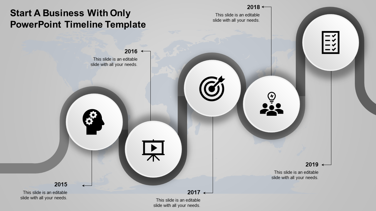 Chronological timeline with circular icons for 2015 to 2019 connected by a blue curve over a world map backdrop.