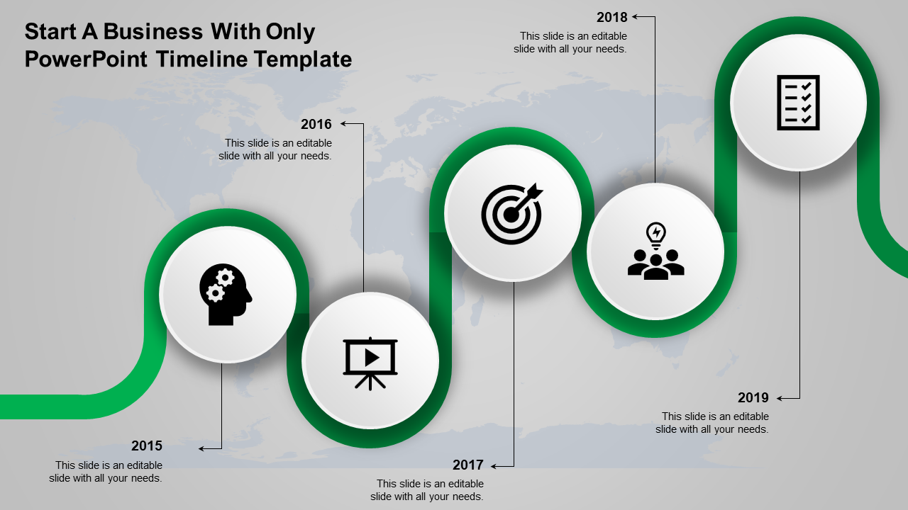 A timeline PPT slide from 2015 to 2019, featuring milestones marked with green icons representing business stages.