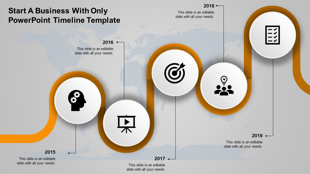 Winding orange timeline with five white circular milestones, featuring black icons and year markers on a gray background.