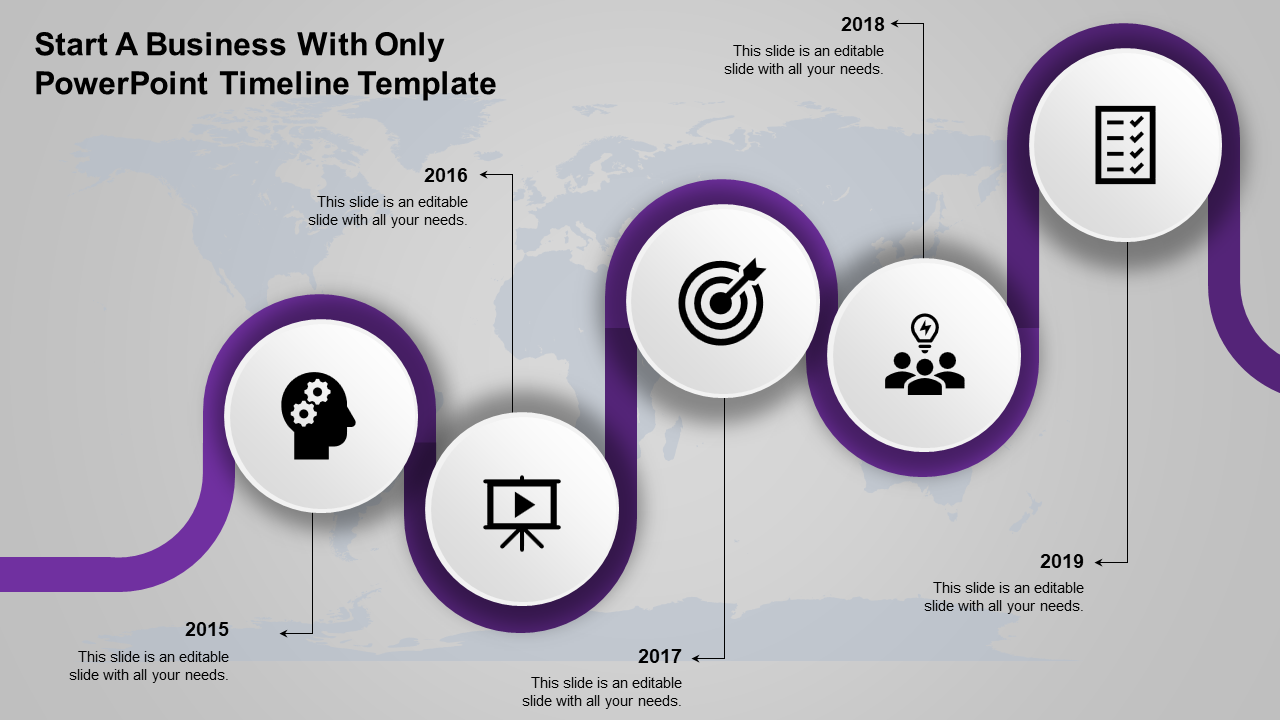 A timeline PPT slide from 2015 to 2019, featuring milestones marked with purple icons representing business stages.