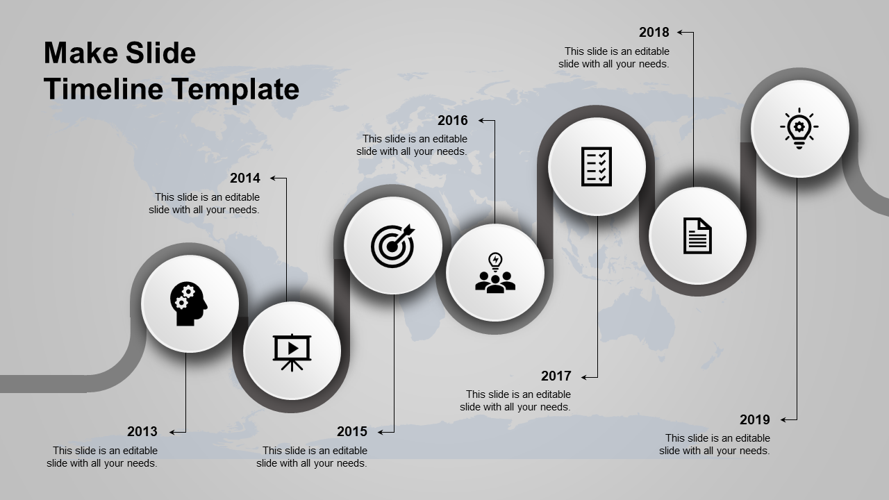 Wavy blue timeline with circular milestone icons representing years 2013 to 2019, connected by vertical lines.