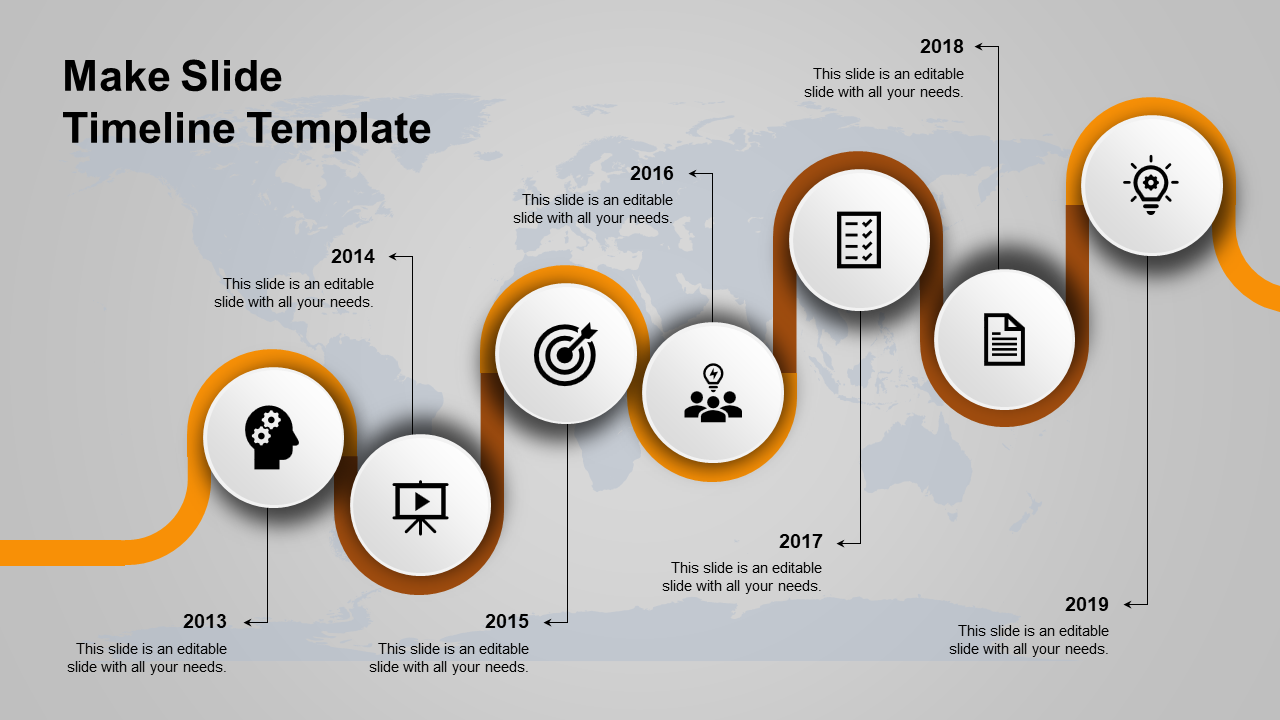 Orange wave style timeline infographic with seven white circles, featuring black icons and milestone years from 2013 to 2019.