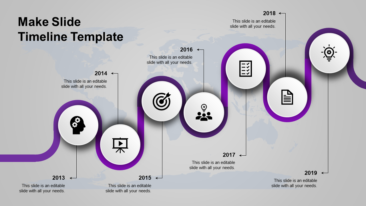 A modern timeline PPT slide from 2013 to 2019, featuring milestones with purple icons representing various business stages.