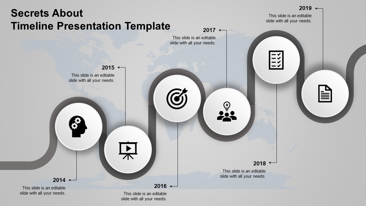 A grey color timeline PPT slide from 2014 to 2019, featuring milestones and icons representing stages with placeholder text.