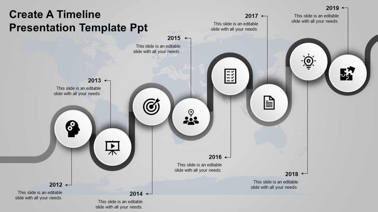 Business plan timeline with orange curved path, circular icons, and labeled years from 2011 to 2019 on a gray map.