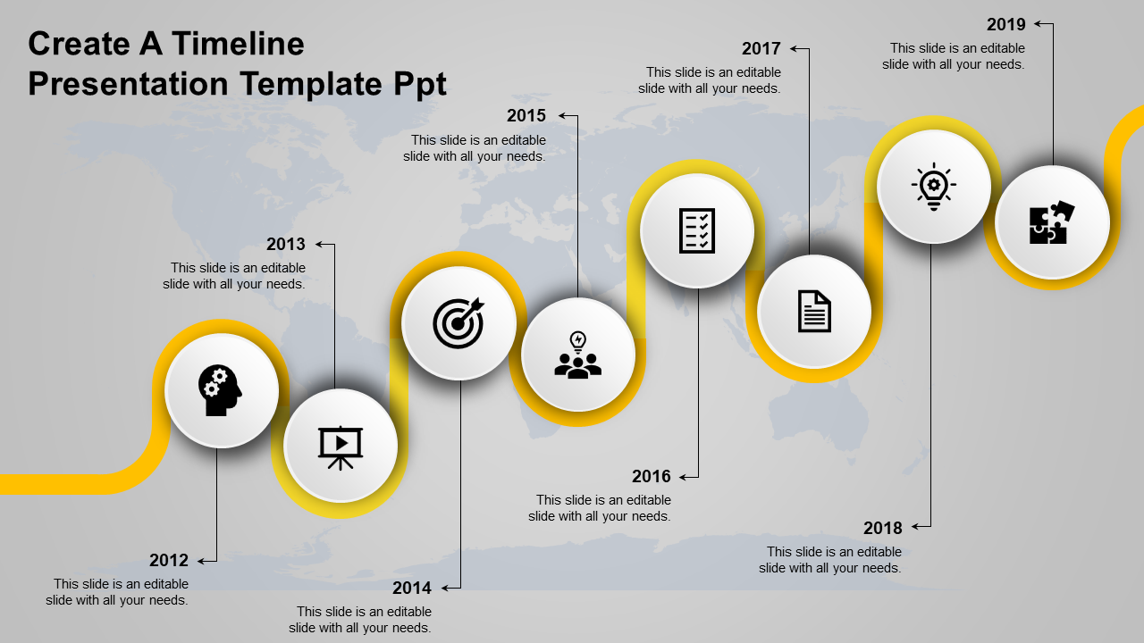 A yellow timeline PPT slide from 2012 to 2019, with icons for each year representing different business stages.