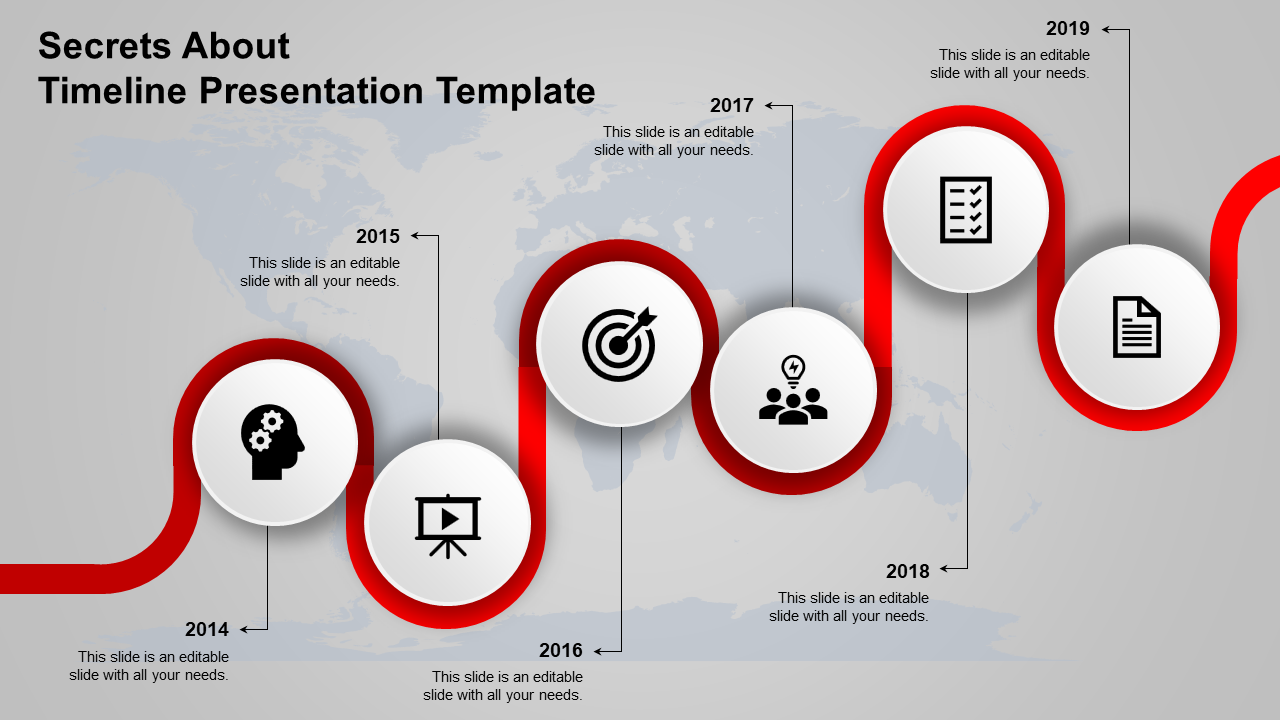 Chronological timeline with circular icons for 2013 to 2019 connected by a gray curve over a world map backdrop.