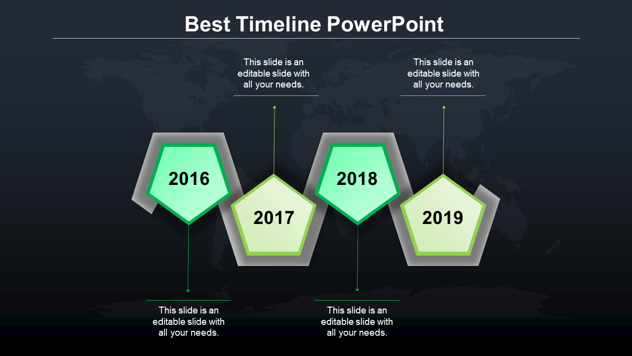 Timeline slide with green pentagons for years 2016 to 2019, with text sections, on a dark background.